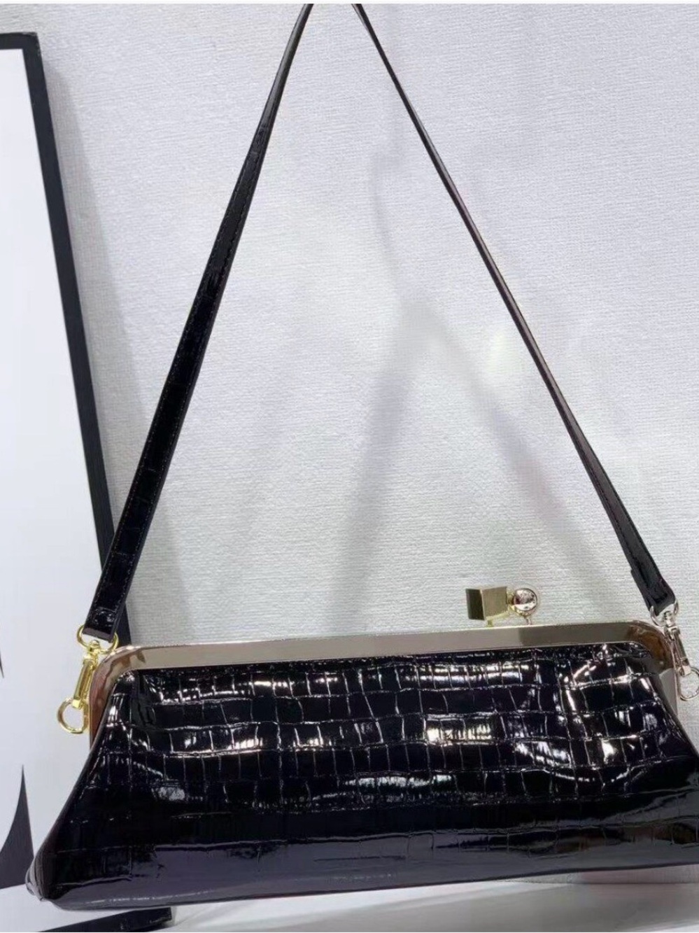 Croc-Texture Frame cowhide Shoulder Bag in Black, Red wine, white and Brown - Picture 3 of 9